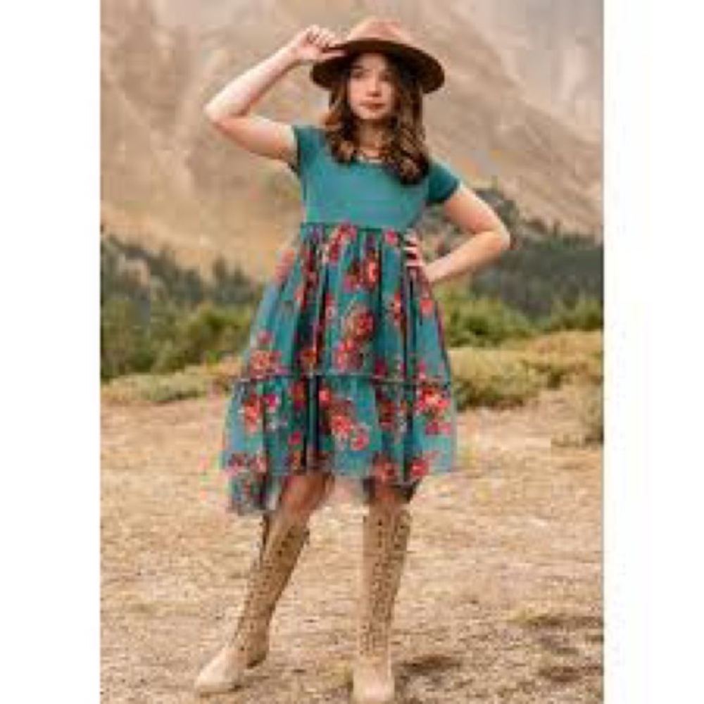 Joyfolie Teal and Red Floral Kids Dress, NWT, size 7